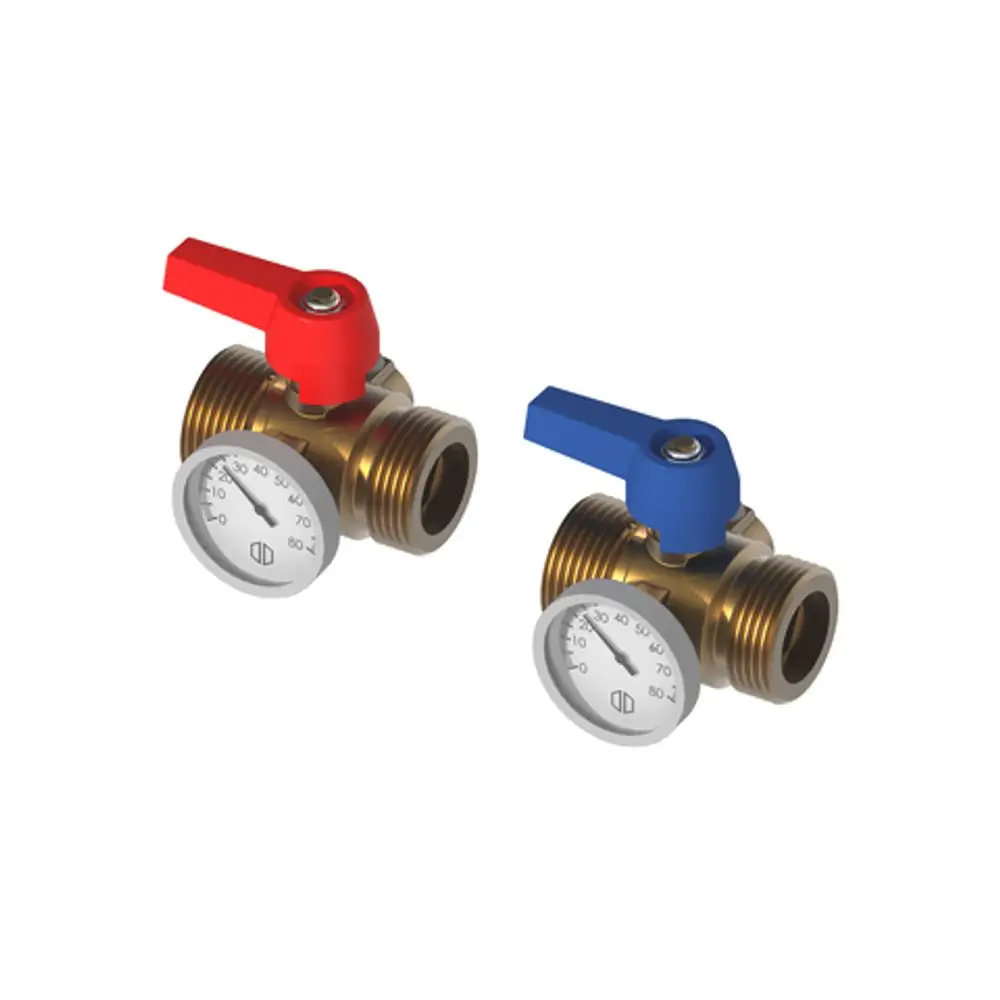 Zwei Kugelhähne mit roten und blauen Handgriffen sowie Thermometern, die eine Temperaturanzeige zeigen. Das Produkt stammt von der Marke Roth.
